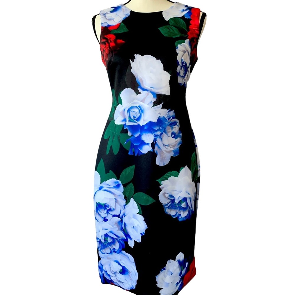 CALVIN KLEIN | Black And Floral, Short-Sleeved Sheath Dress | Size 4 | EUC